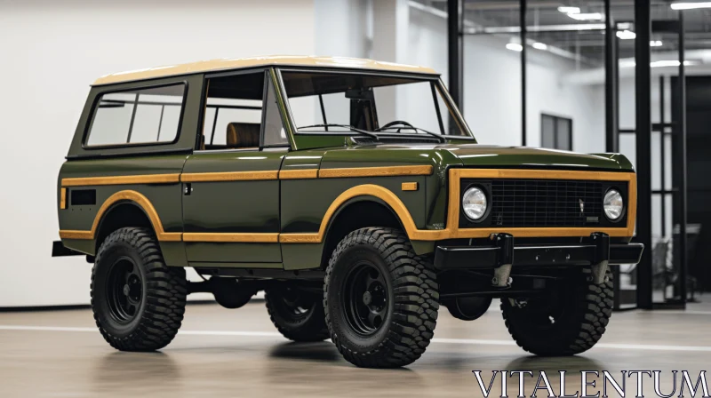 AI ART 1970 Ford Bronco with Varying Wood Grains in Dark Indigo and Light Green
