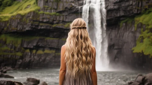 Blond Woman by Waterfall in Gray Dress