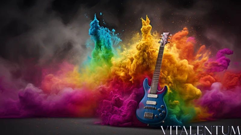 Colorful Electric Guitar in Smoke Explosion AI Image