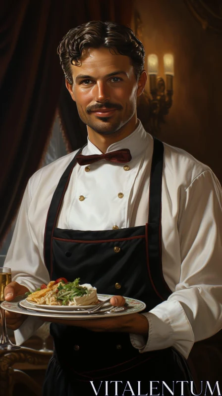 AI ART Elegant Waiter Serving Champagne and Food in Luxurious Setting