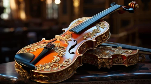 Elegant Wooden Violin on Marble Table