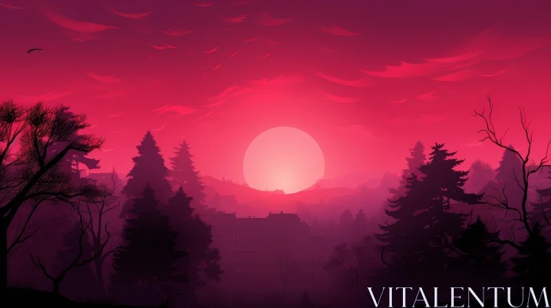 AI ART Enchanting Pink Moon Over Forest - Wallpaper and Print Design