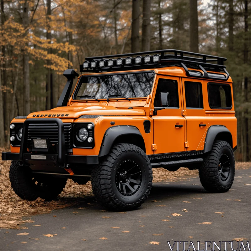 Orange Land Rover Defender in Forest - Bold Structural Designs AI Image