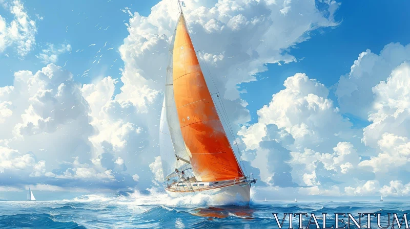 Orange Sailboat Painting on Rough Sea AI Image