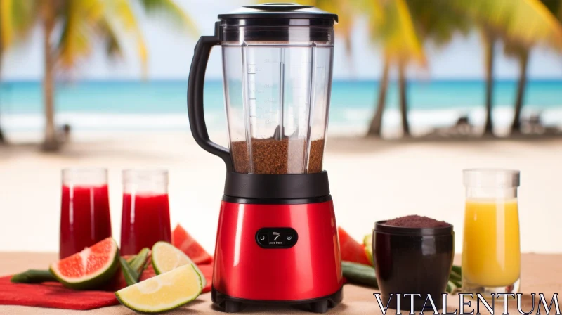 Red Blender on Sandy Beach with Juice and Fruit AI Image