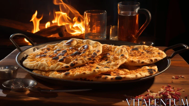 AI ART Rustic Flatbread with Cheese and Herbs by Fireplace