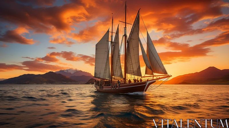 Serene Sailing Ship Landscape at Sunset AI Image