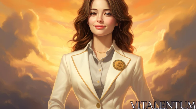Young Woman in White Suit Jacket Smiling Against Cloudy Sky AI Image