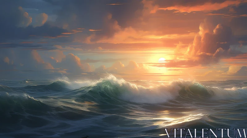 Golden Sunset Seascape - Captivating Ocean Waves AI Image