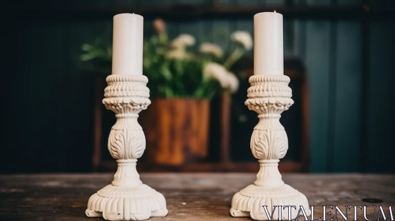 White Candlesticks on Wooden Table with Flowers AI Image
