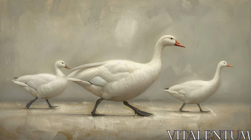 AI ART White Geese Walking Painting on Beige Background