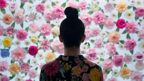 Woman in Floral Shirt Standing Among Flowers