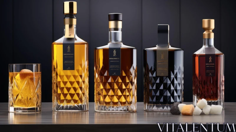 AI ART Exquisite Glass Bottles of Whiskey on Wooden Table
