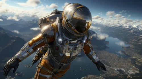 Futuristic Astronaut Flying Above Mountain Landscape