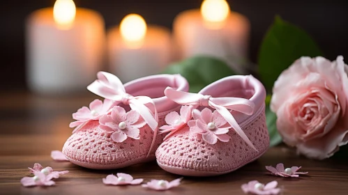 Pink Baby Shoes with Floral Appliques on Wooden Surface