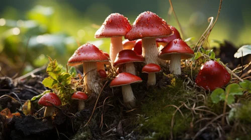 Red Mushroom Cluster on Green Moss