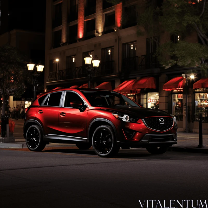 Red SUV Parked on City Street at Night | Photobashing Art AI Image