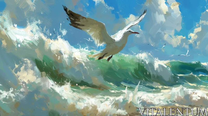 AI ART Seagull Flying Over Rough Sea Painting
