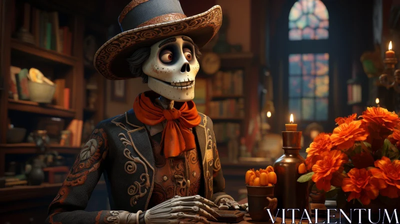 Skeleton in Hat and Scarf 3D Rendering AI Image