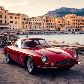Vintage Vibe: Red Ferrari in a Harbor - Classic Portraiture Style