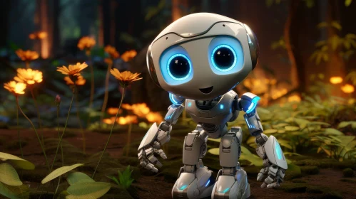 White Robot in Forest - 3D Rendering