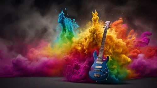 Colorful Electric Guitar in Smoke Explosion