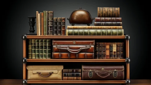 Dark Wooden Shelf with Old Books and Leather Suitcases