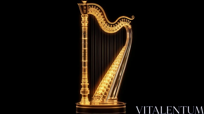 Dazzling 3D Gold Harp Rendering on Black Background AI Image