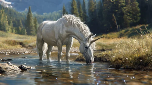 Enchanting Unicorn in River - Fantasy Nature Scene