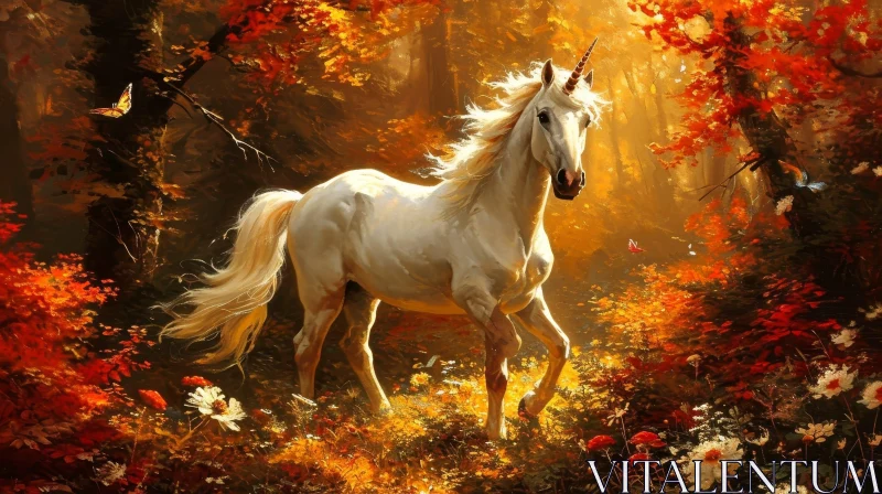 Majestic White Unicorn in Enchanted Forest AI Image
