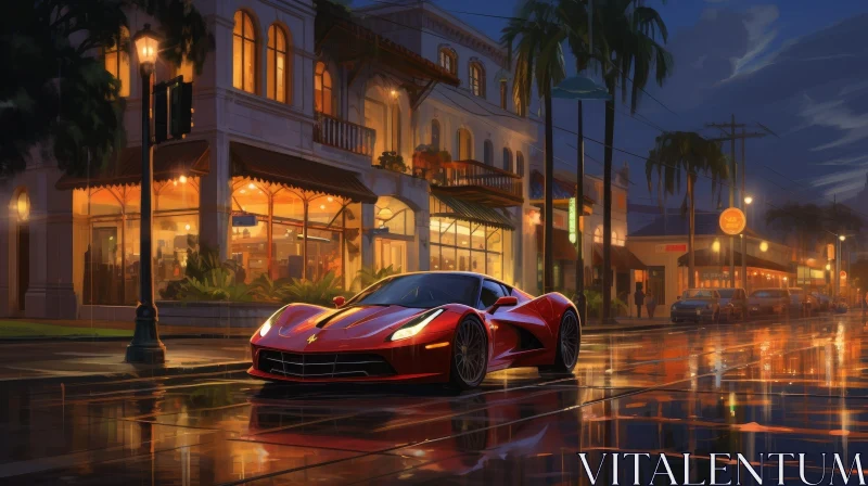 Red Sports Car in City Night Scene AI Image