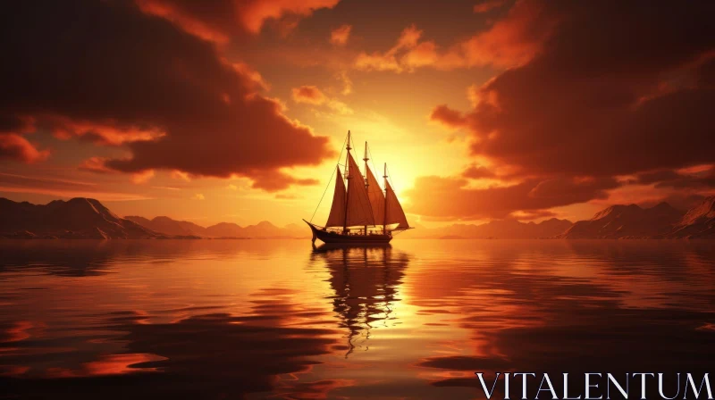 Serene Sunset Seascape with Sailing Ship AI Image