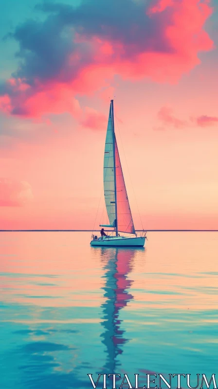 Tranquil Sunset Sailboat on Calm Sea AI Image