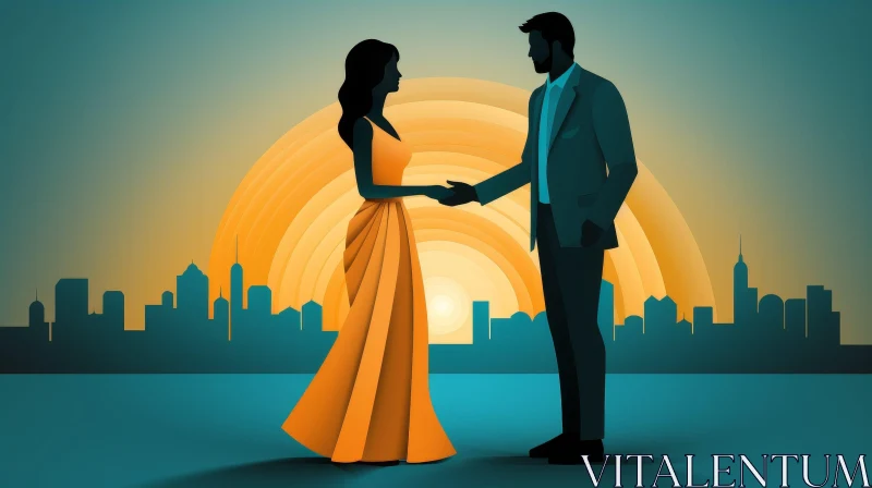 Elegant Couple Illustration at Cityscape Sunset AI Image