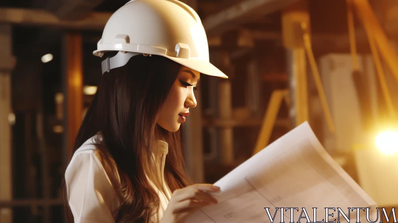 Female Construction Worker Blueprint Examination AI Image