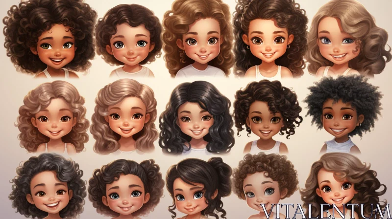 Joyful Cartoon Portraits of Girls with Diverse Hairstyles AI Image