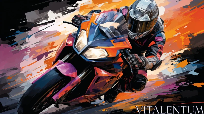 AI ART Motorcyclist Painting in Black and Orange Leathers