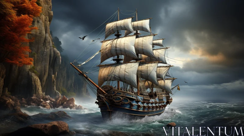 Pirate Ship Sailing on Stormy Sea - Digital Painting AI Image