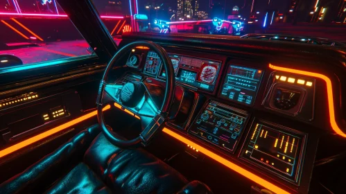 Retro Futuristic Car Interior with Neon Lights