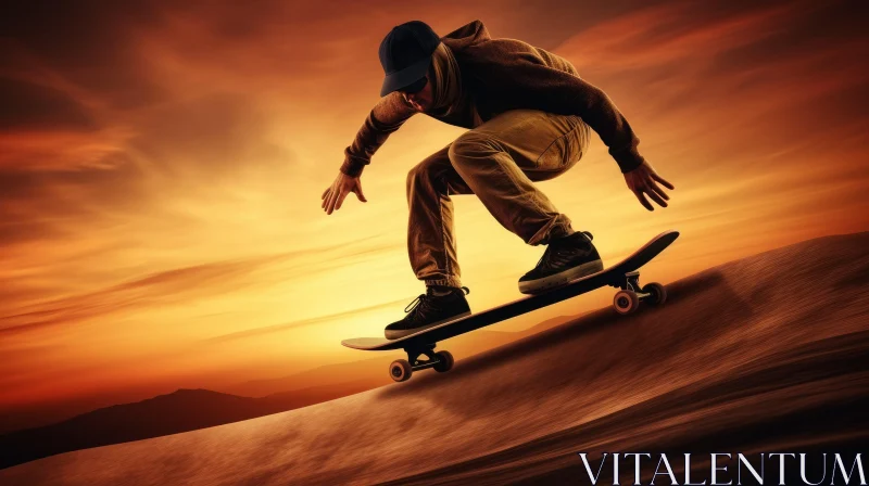 AI ART Skateboarder Performing Trick at Sunset
