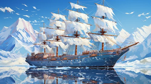 Tall Ship Painting on Calm Sea with Icebergs