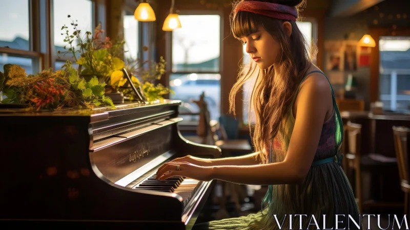 Young Woman Playing Piano in Serene Room AI Image