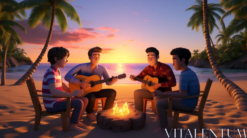 AI ART Beach Bonfire: Joyful Men Playing Guitars at Sunset