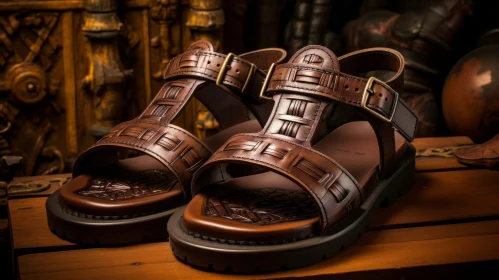 Brown Leather Sandals on Wooden Table