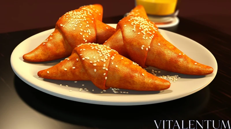 Golden Brown Croissants with Sesame Seeds on White Plate AI Image