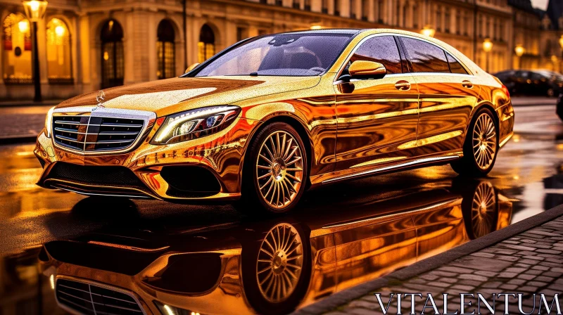 AI ART Golden Mercedes-Benz S-Class Reflecting City Lights