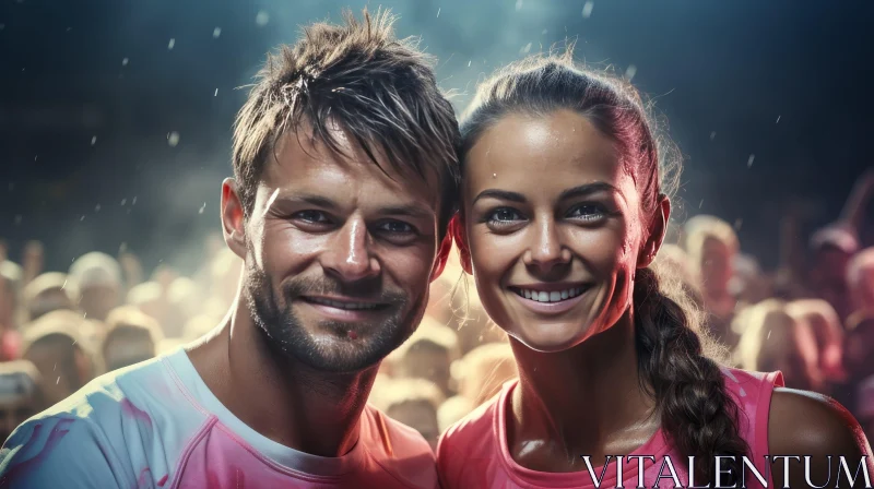 Joyful Couple in Pink Shirts at Stadium AI Image