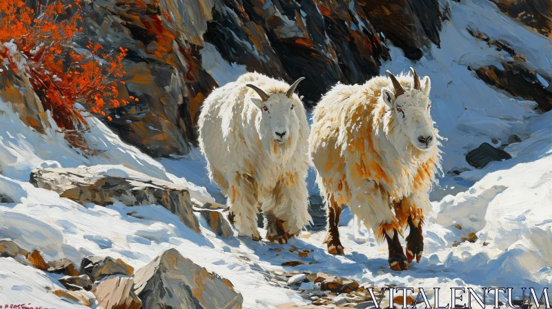 AI ART Mountain Goats Walking on Snow-covered Mountainside