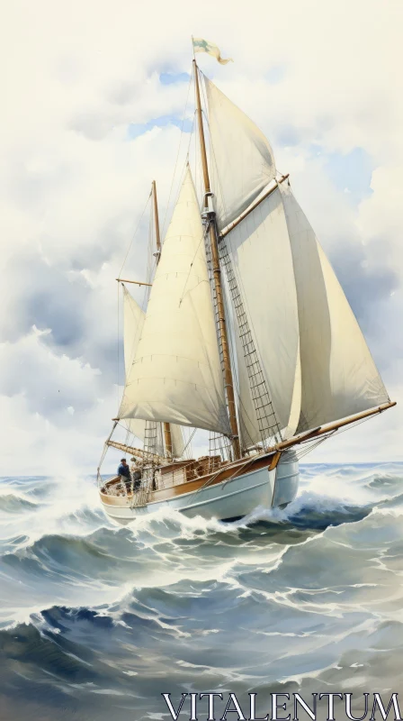 Tranquil Watercolor Painting of Sailboat at Sea AI Image