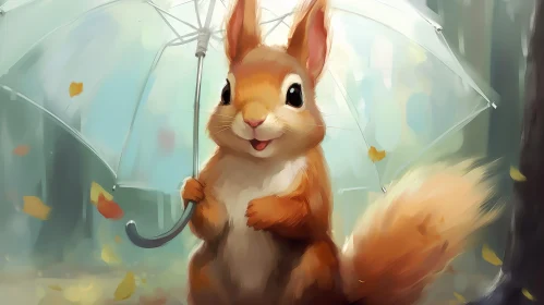Whimsical Squirrel with Umbrella in Forest